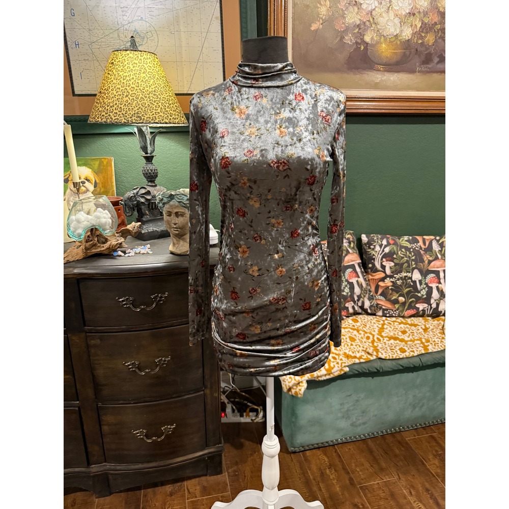 Guess Womens Silver Floral Crushed Velvet Mock Neck Ruched Mini‎ Dress Size XS